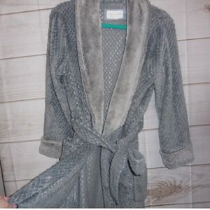 Carole Hochman Womens Dusty Blue/Grey Plush Robe Faux Fur Trim Bathrobe Small